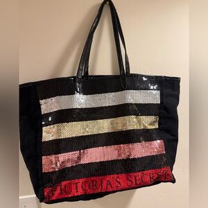Victoria's Secret Black Tote with Sequin Stripe Accents